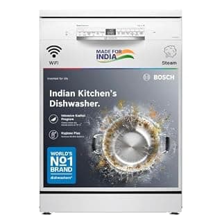 Bosch 14 Place Setting Free Standing Dishwasher for Indian Utensils, WiFi Enabled, Intensive Kadhai Program, Inbuilt Heater, Fits Up to 80 Utensils, White (SMS6IKW01I)