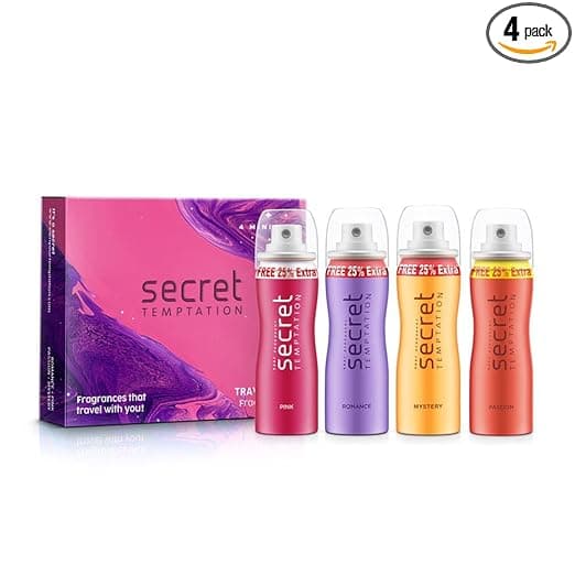 Secret Temptation Travel Pack with Pink, Romance, Mystery and Passion Mini Deodorant for Women,Pack of 4 (50ml each)