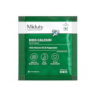 Miduty Kids Calcium - Vitamin D3, K2 & Magnesium - Chewables - Strong Bones & Teeth - Mint-Flavored, Sugar-Free Calcium Supplement for Active & Picky Eaters - 4 Chewables