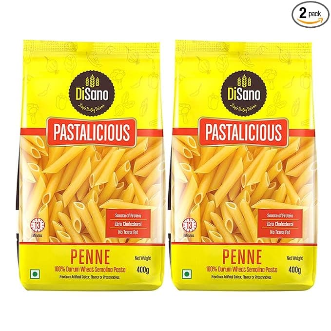 DiSano Penne Pasta 400g (Pack of 2), Healthy Pasta, Made with Durum Wheat Semolina, Suji, No Maida, Source of Protein & Fibre, Non-Sticky