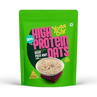 Yogabar 26g High Protein Oats 1kg , Kesar Pista Kulfi - Breakfast Cereal with Wholegrains, 26% Protein & No added sugar - Oats High Protein for Gym- Premium Protein Blend with Whey Protein Powder - with Goodness of Chia, Sunflower & Pumpkin Seeds & Probiotics for Absorption