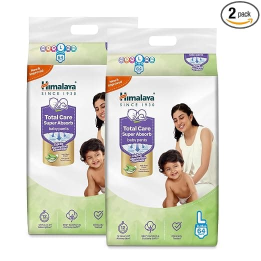 Himalaya Total Care Super Absorb Baby Pants Diaper | Size L (Large) 128 Count | Pack of 2 | 9-14 kg | Breathable & Rapid Zig Zag Absorption | Keeps Skin Calm & Rash Free