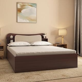 Nilkamal Daffodil Wooden Queen Bed with Box Storage | 3 Year Warranty | Designer Headboard with Storage | Engineered Wood | Walnut