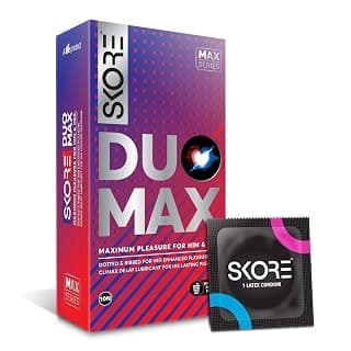 18+ Skore Duo Max - Premium Pleasure Condoms for Him and Her with Disposal Pouches|Dotted & Ribbed|Performa Lubricant for Long Lasting Climax Delay |Suitable for use with lubes & toys- 1 Pack (10 pieces)