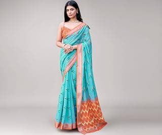 SIRIL Women's Cotton Linen Ikkat Printed Saree With Unstitched Blouse Piece